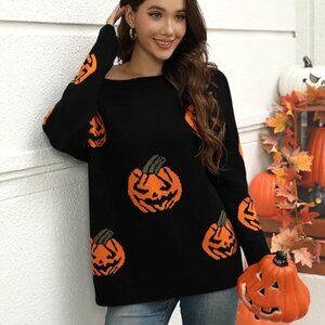 NEW VIMPUNEC Women's Oversized Sweater Pumpkin-black XL